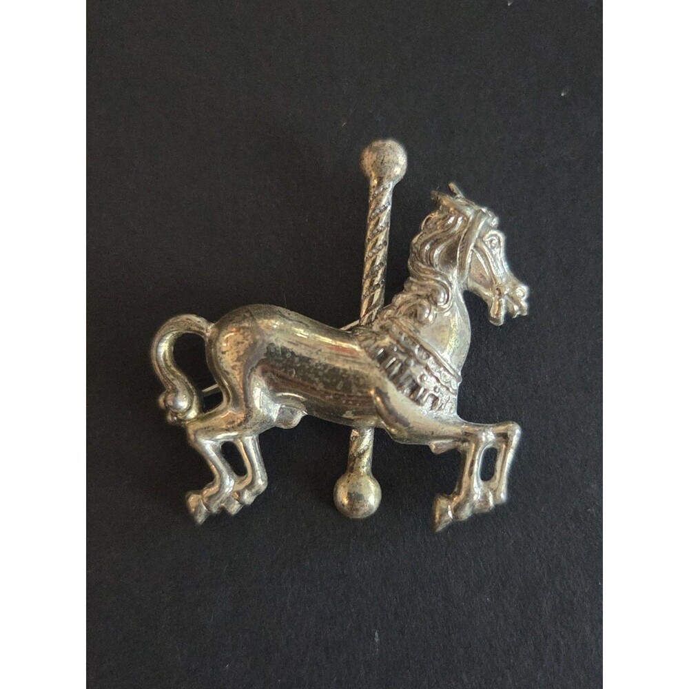 Vintage 925 Sterling Silver Carousel Horse Brooch - Prancing Merry-Go-Round Pin